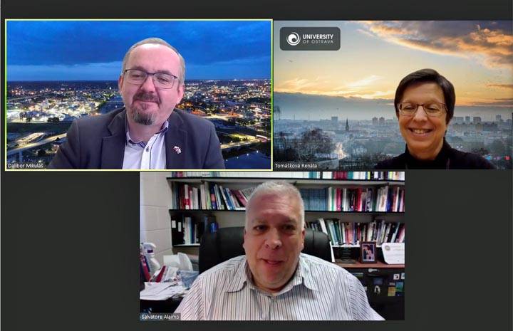 screen capture of host Sal Alaimo (bottom) with Dalibor Mikulas (left) and Ren&#225;ta Tomaskova (right)